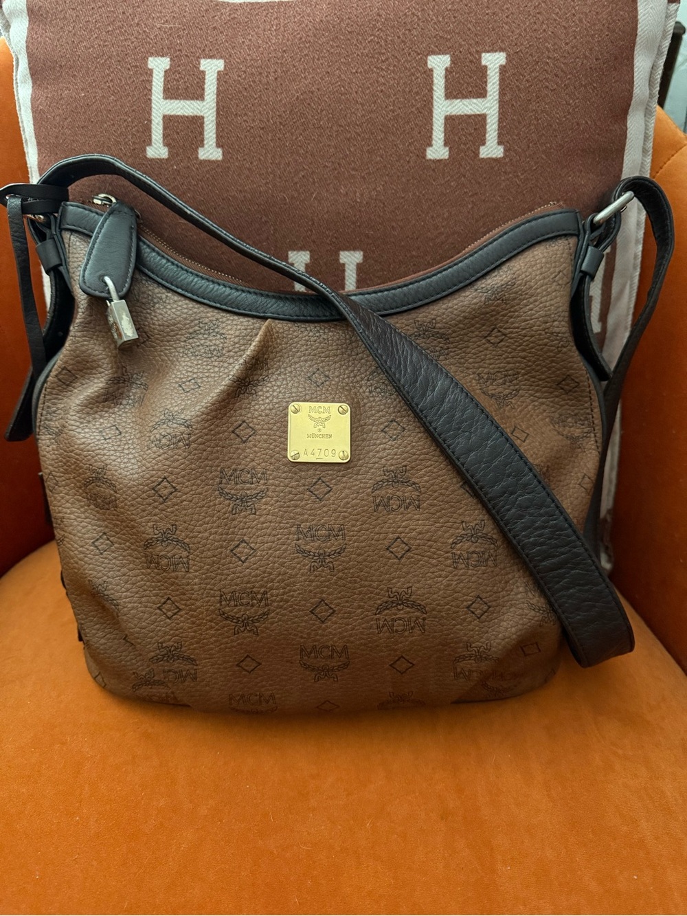 MCM Brown Monogram Hobo Shoulder Bag with Black Strap